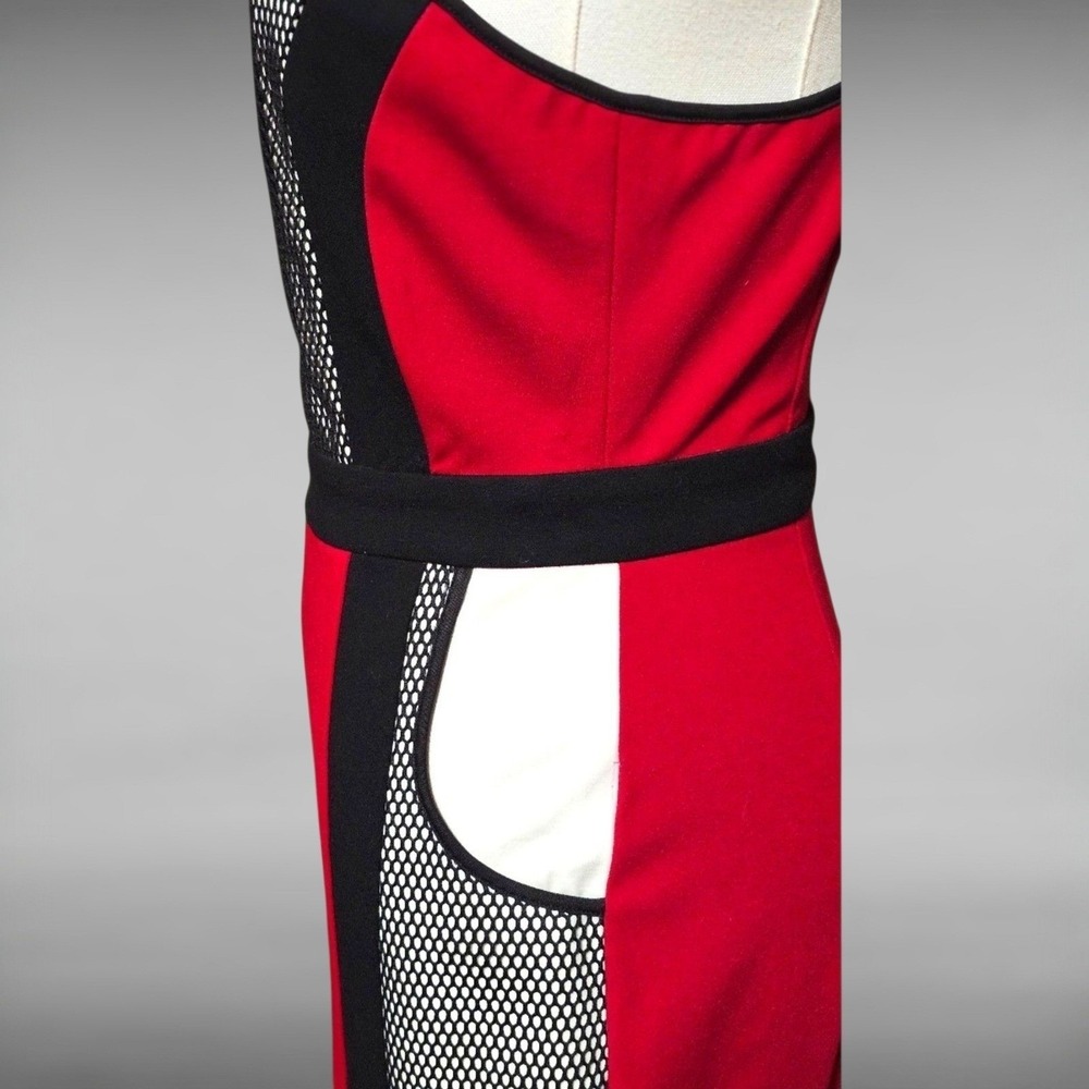 NWT Hego Red Colorblock Cutout Mesh Panel V Neck Strappy Bandage Bodycon Dress S - Picture 4 of 6